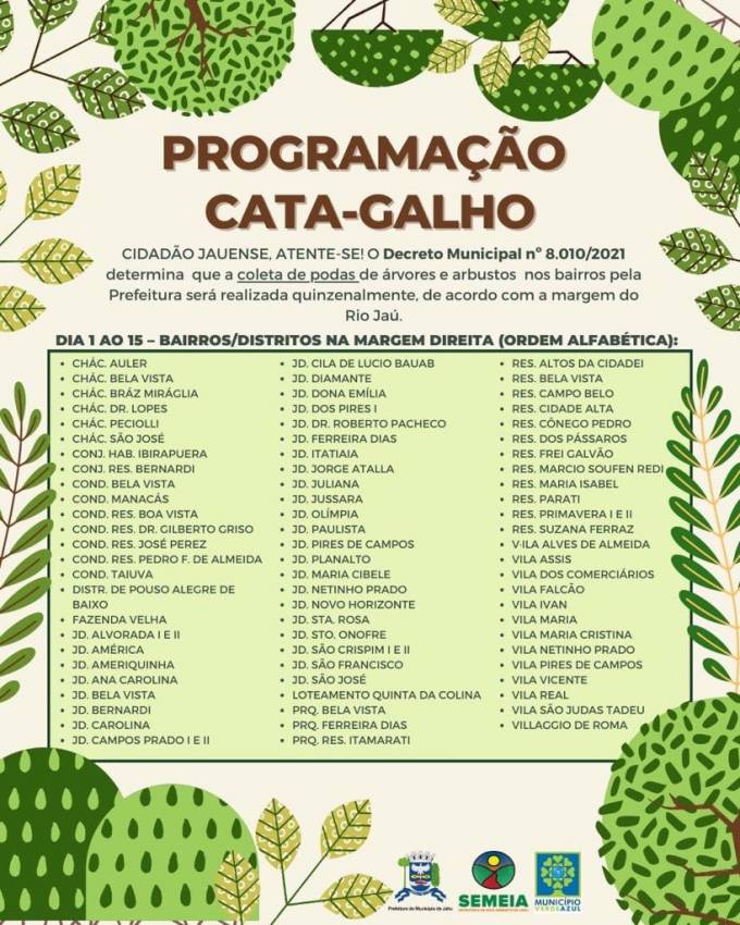 CRONOGRAMA - COLETA DE PODAS DE ÁRVORES E ARBUSTOS