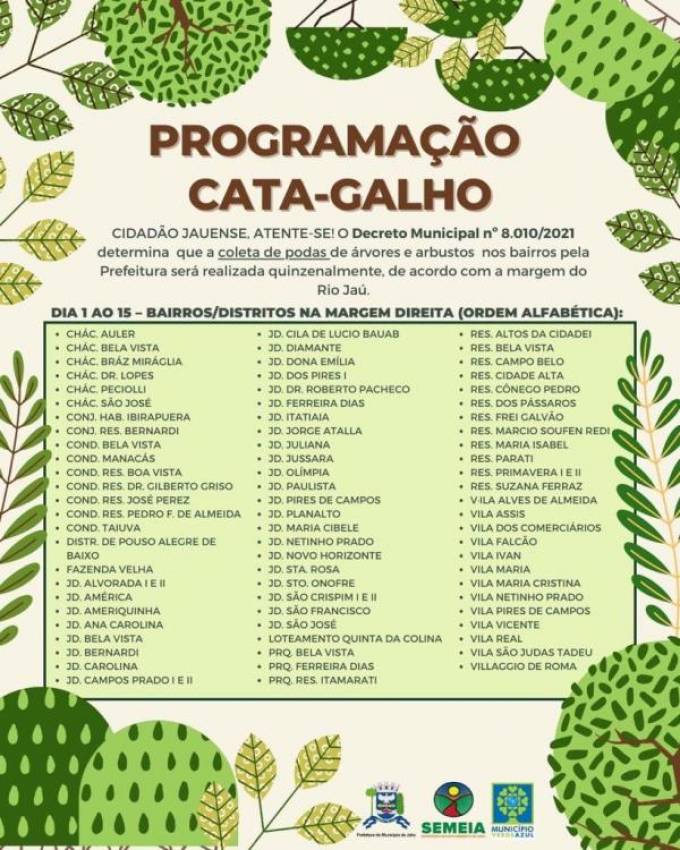 CRONOGRAMA - COLETA DE PODAS DE ÁRVORES E ARBUSTOS