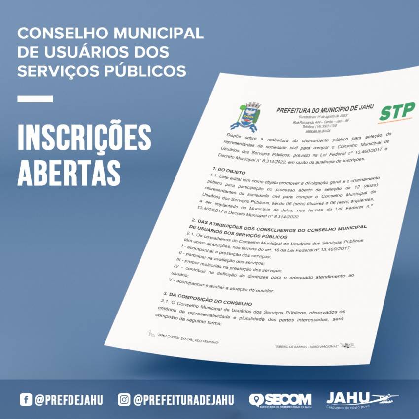 INSCRIÇÕES PARA ELEIÇÃO DE MEMBROS DO CONSELHO MUNICIPAL DE USUÁRIOS DOS SERVIÇOS PÚBLICOS ESTÃO ABERTAS