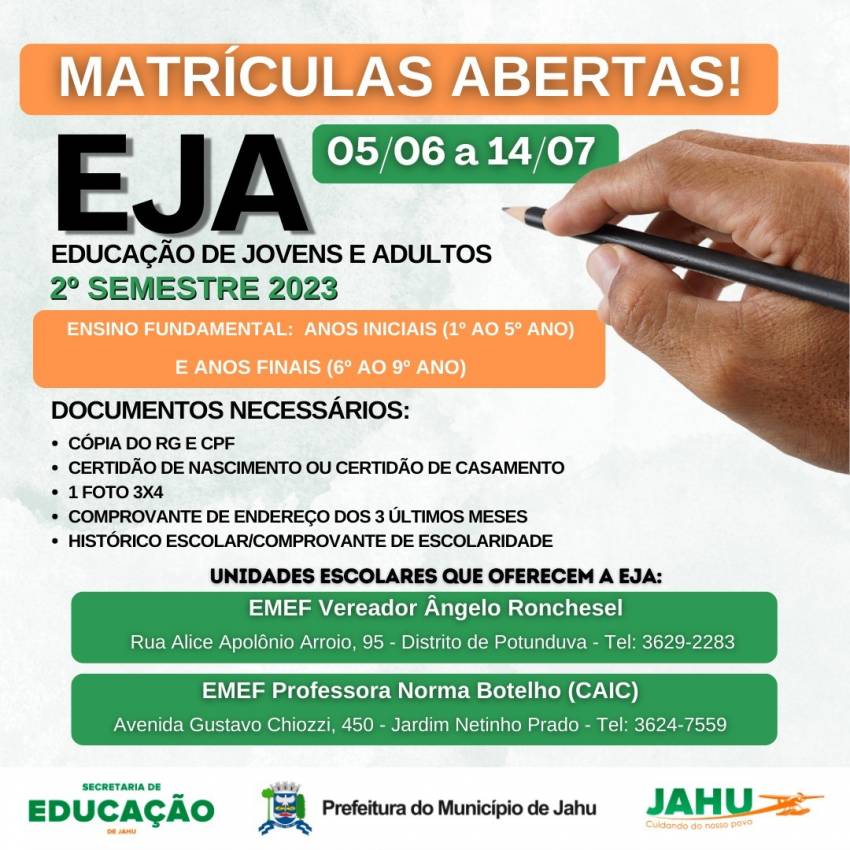 ÚLTIMOS DIAS PARA SE INSCREVER NO EJA