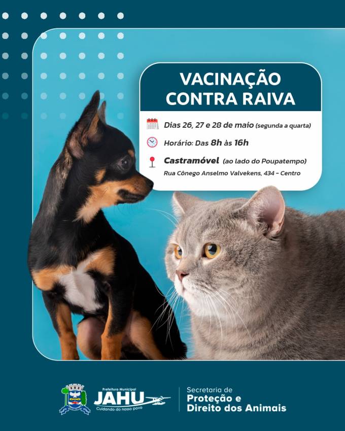 VACINAÇÃO CONTRA RAIVA NA PRÓXIMA SEMANA NO CASTRAMÓVEL AO LADO DO POUPATEMPO