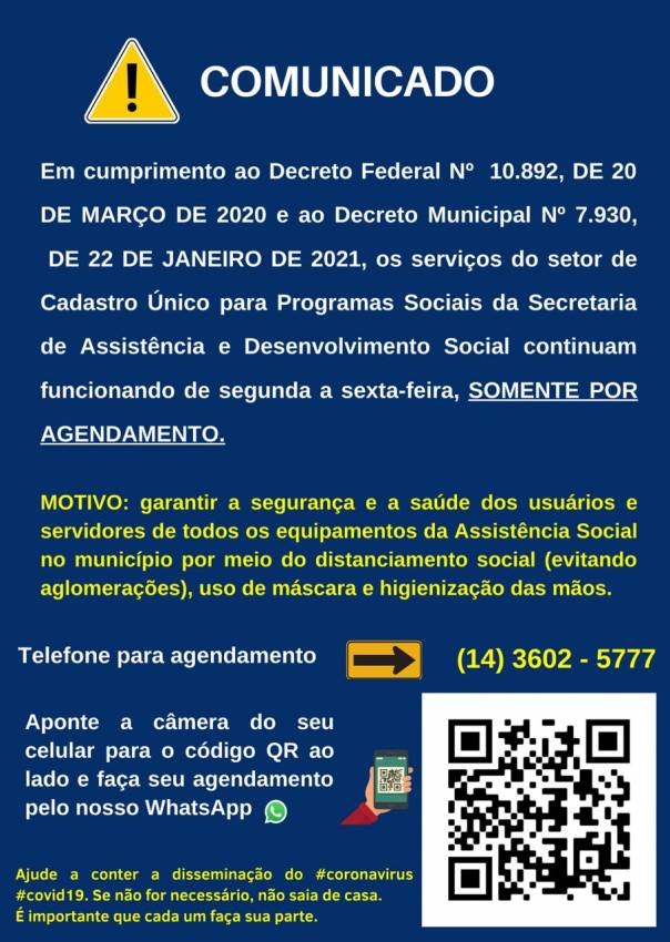 Setor do Cadastro Único para Programas Sociais atende somente por agendamento