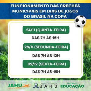 Imagem da notícia HORÁRIO DAS CRECHES E ESCOLAS DURANTE OS JOGOS