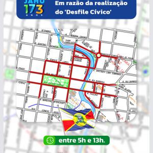 Imagem da notícia RUAS DA ÁREA CENTRAL SERÃO INTERDITADAS NESTE SÁBADO (15) PARA A REALIZAÇÃO DO 'DESFILE CÍVICO'