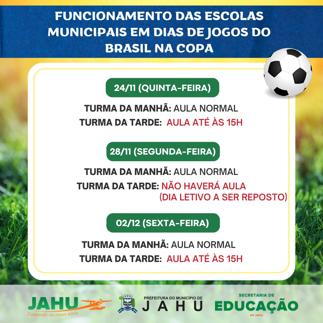 Prefeitura terá horário diferenciado durante os jogos do Brasil na