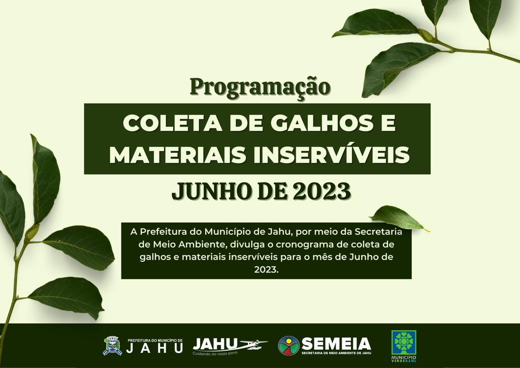 JAHU MAIS LIMPA: CRONOGRAMA CATA-GALHO E INSERVÍVEIS DE 05/06 A 09/06