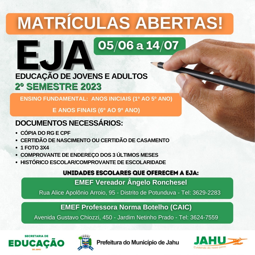 ÚLTIMOS DIAS PARA SE INSCREVER NO EJA