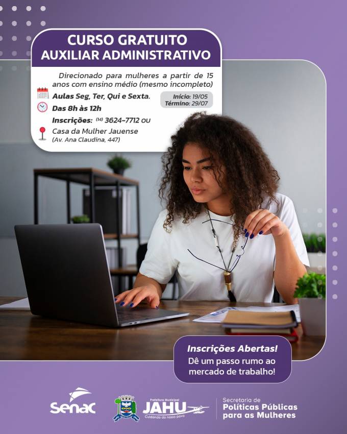 CURSO GRATUITO DE AUXILIAR ADMINISTRATIVO - INSCRIÇÕES ABERTAS