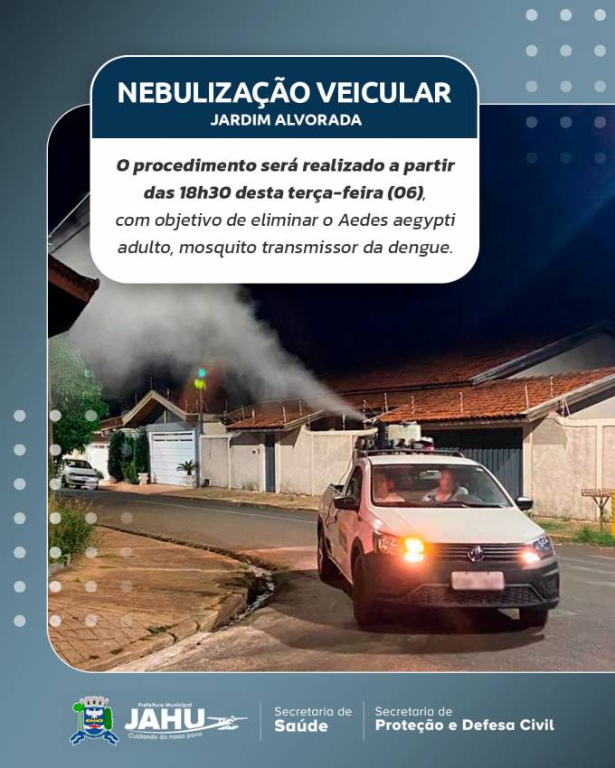 NEBULIZAÇÃO VEICULAR NESTA TERÇA-FEIRA (6) NO JARDIM ALVORADA