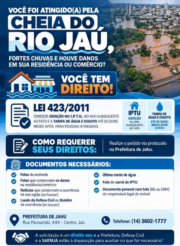 CHEIA DO RIO JAÚ: MORADORES E COMERCIANTES ATINGIDOS PODEM SOLICITAR ISENÇÃO DE IPTU E ÁGUA