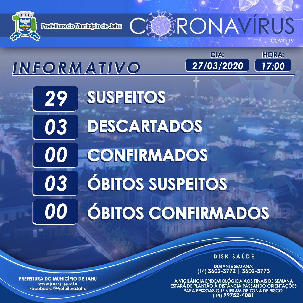 Informativo sobre o Coronavírus (Covid-19) no Município em 27/03/2020 - 17h. Sejamos prudentes, juntos vamos combater o Covid-19!